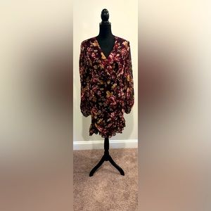 EXPRESS Plum and Pink Floral Ruffle Ruched Zip Back Dress - Size Large